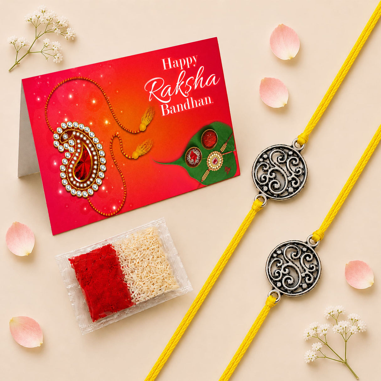 Two yellow cord rakhi bracelets with ornate silver round floral charm for brother and bhabhi traditional handmade gift