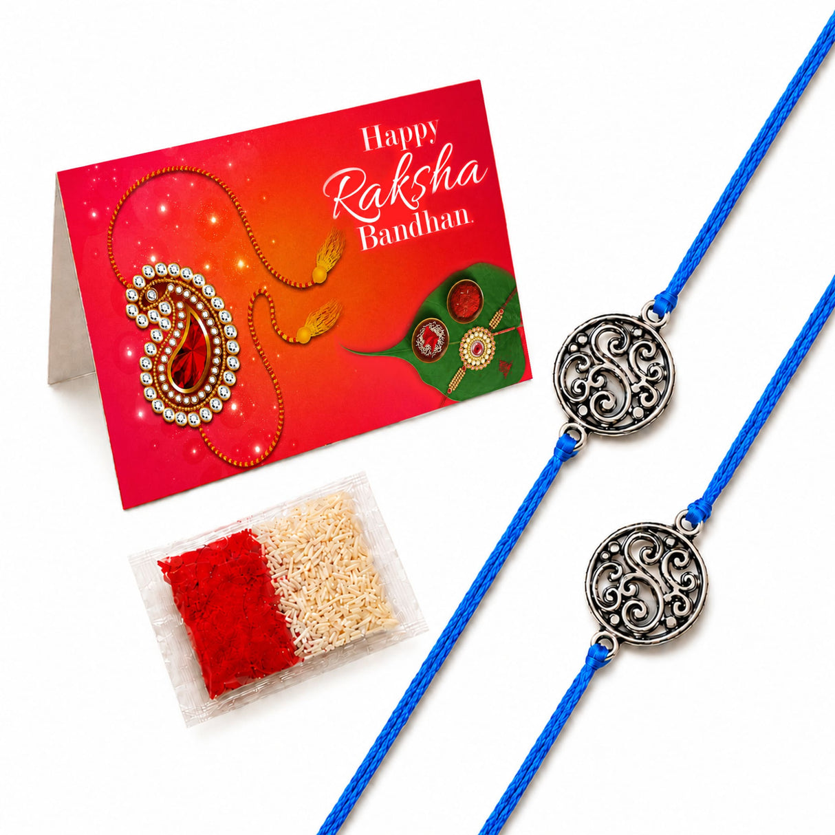 Two blue cord designer round floral charm rakhi bracelets with ornate silver scrollwork for brother and bhabhi