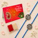 Two blue cord designer round floral charm rakhi bracelets with ornate silver circular pendants for brother and bhabhi