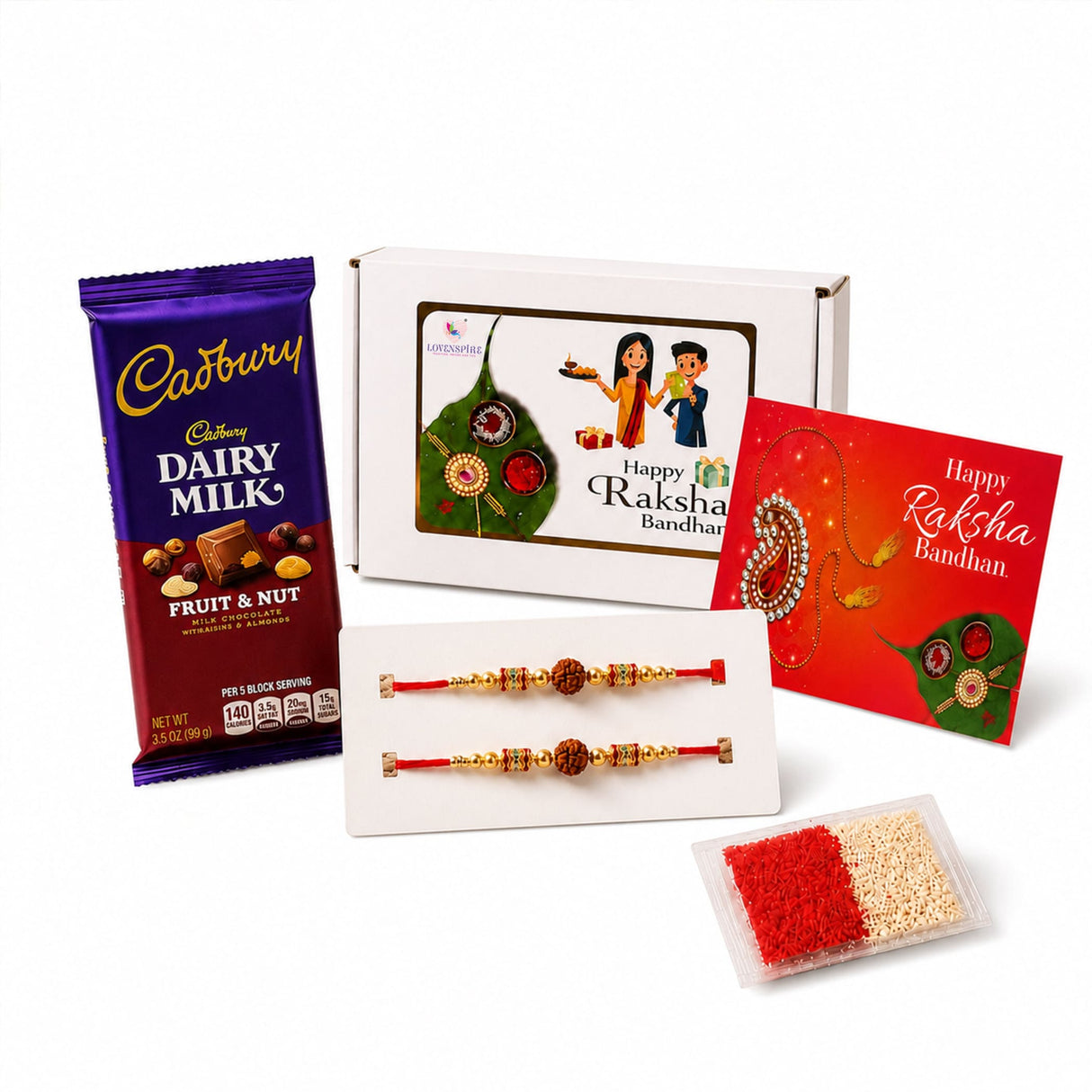 Purple and red cadbury dairy milk fruit and nut chocolate bar included in raksha bandhan gift hamper for brother and bhabhi