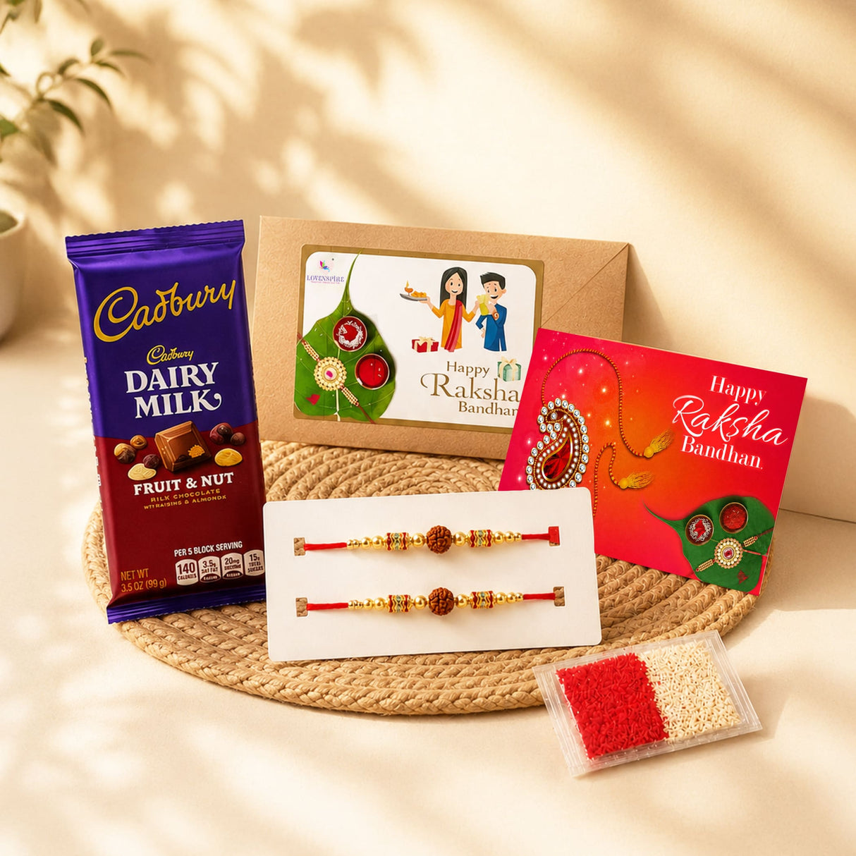 Cadbury Dairy Milk fruit and nut bar in purple and red glossy packaging in Raksha Bandhan gift hamper for brother and bhabhi