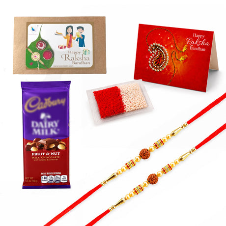 Red and gold traditional handmade rudraksha bead rakhi bracelet with intricate beadwork for raksha bandhan gift hamper