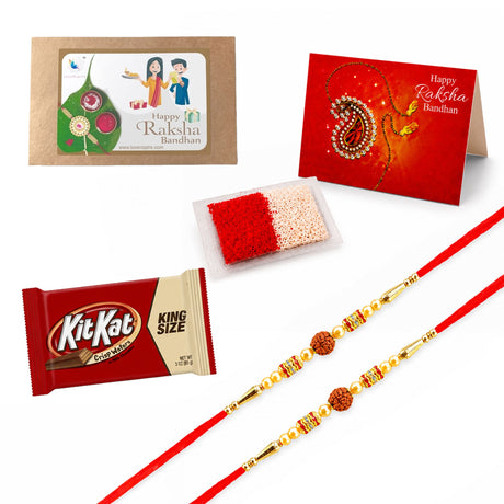 Red and gold rakhi with intricate beadwork and sacred rudraksha bead from traditional handmade raksha bandhan gift hamper