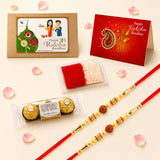 Red and gold handmade rudraksha bead rakhi bracelet with golden beads and red thread for raksha bandhan gift hamper