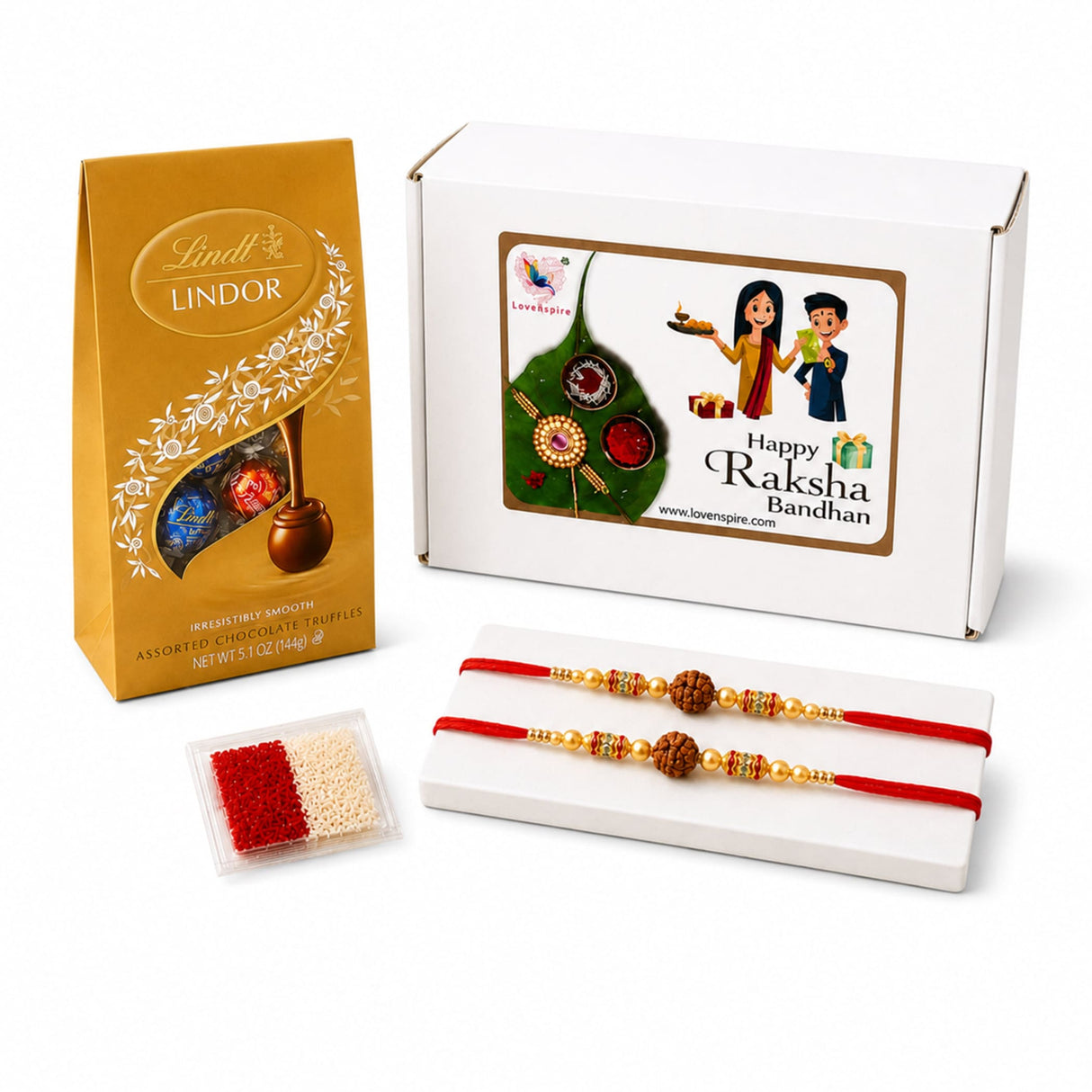 Gold and red rakhi with intricate gold beadwork and wooden rudraksha pendant in traditional raksha bandhan gift hamper