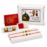 Red and gold traditional handmade rudraksha bead rakhi bracelet with intricate beadwork and central wooden disc