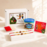 Red and gold traditional handmade rudraksha bead rakhi with intricate beadwork for raksha bandhan gift hamper