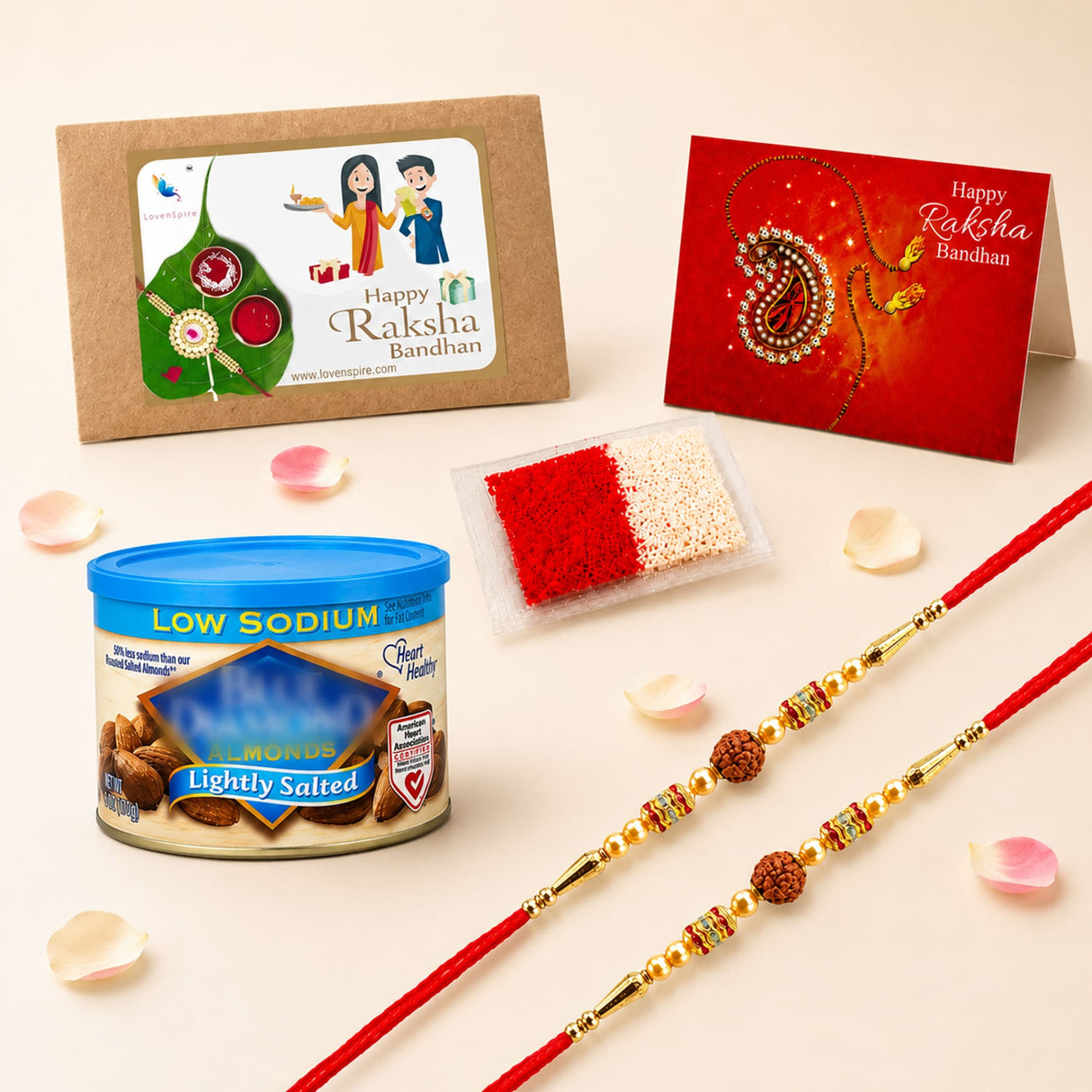 Red and gold traditional handmade rudraksha bead rakhi with intricate beadwork in raksha bandhan gift hamper for brother and bhabhi