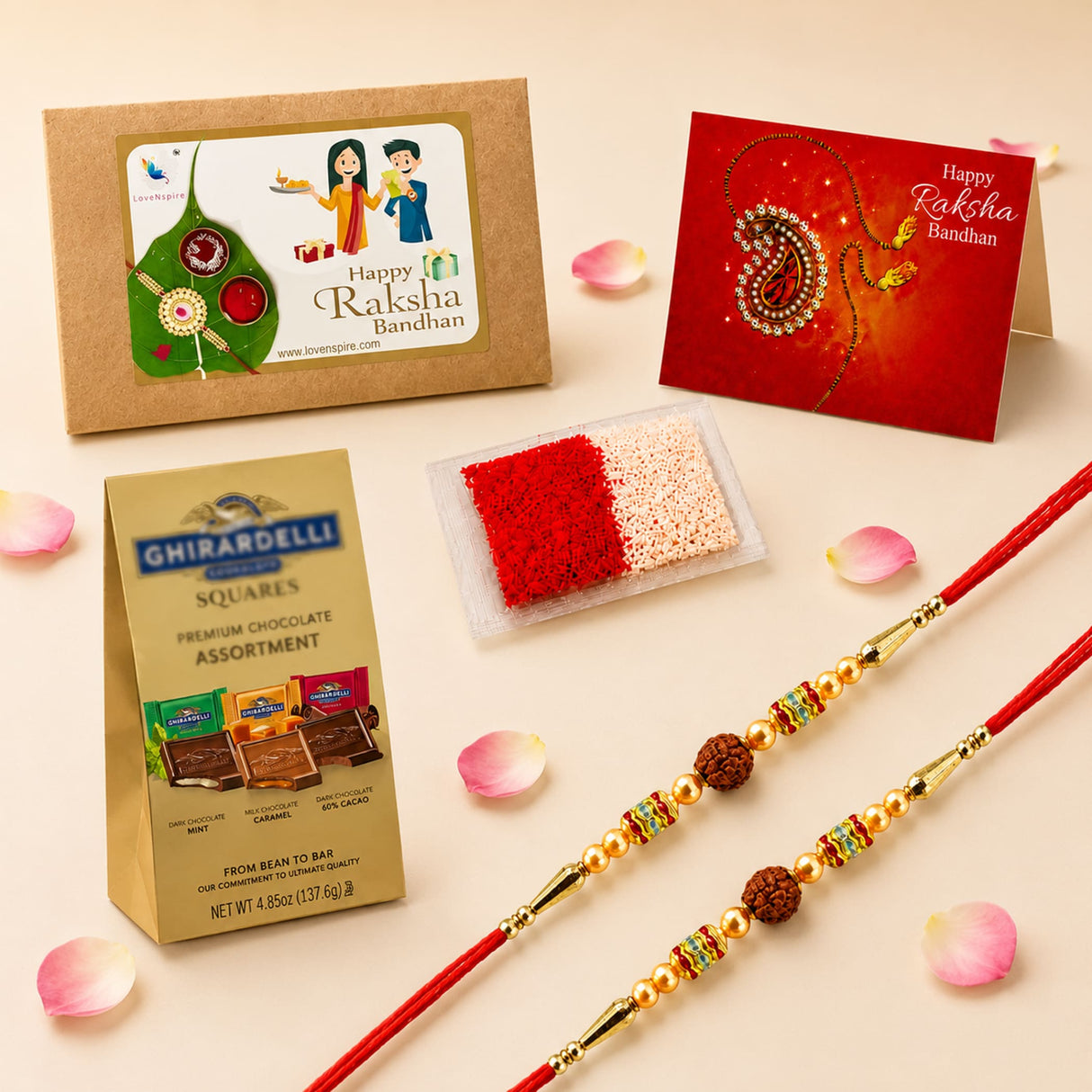 Red and gold traditional handmade rudraksha bead rakhi bracelet with decorative beads from raksha bandhan gift hamper for brother and bhabhi