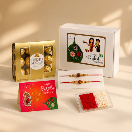 Gold-wrapped ferrero rocher chocolates in a golden box as part of a raksha bandhan gift hamper for brother and bhabhi