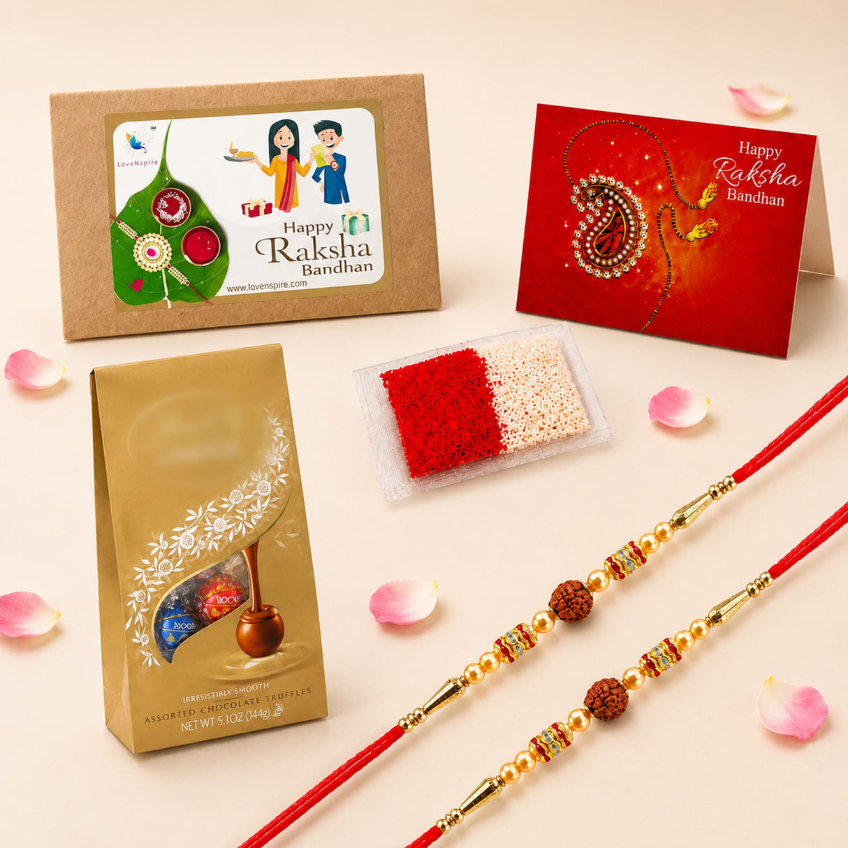 Red and gold handmade rudraksha bead rakhi with wooden beads for raksha bandhan gift hamper for brother and bhabhi