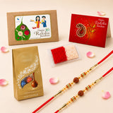Red and gold handmade rudraksha bead rakhi with wooden beads for raksha bandhan gift hamper for brother and bhabhi