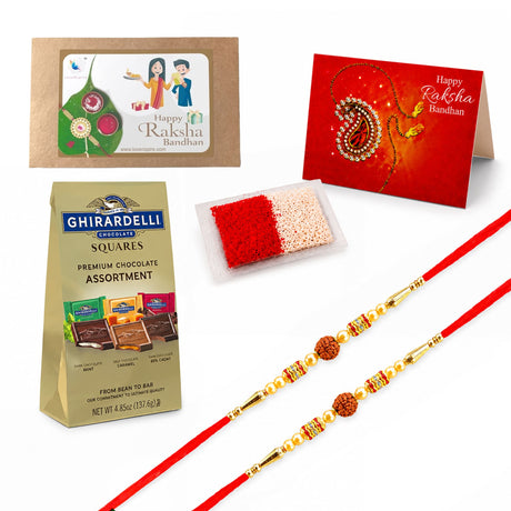 Red and gold traditional handmade rudraksha bead rakhi bracelet with intricate beadwork and wood-like centerpiece