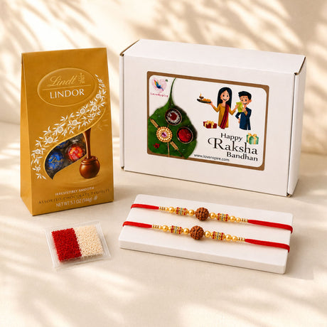 Gold and red thread rakhi with gold beads and brown rudraksha bead in traditional handmade Raksha Bandhan gift hamper