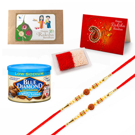 Red and gold traditional handmade rudraksha bead rakhi bracelet with intricate beadwork and wooden pendant for brother and bhabhi
