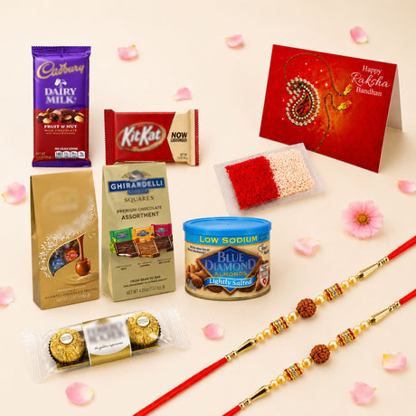 Red and gold traditional handmade rudraksha bead rakhi with intricate beadwork in raksha bandhan gift hamper for brother and bhabhi