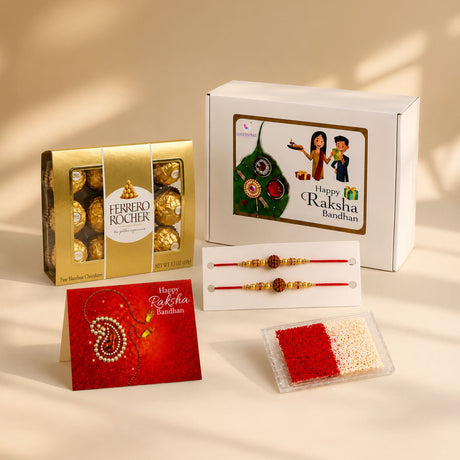 Gold-wrapped ferrero rocher chocolates in a shiny gold box from raksha bandhan gift hamper for brother and bhabhi