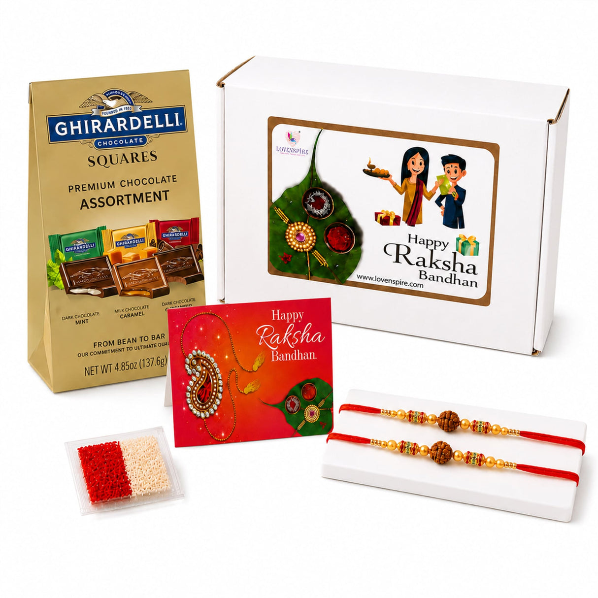 Raksha bandhan gift hamper with red and gold ornate paisley greeting card and traditional handmade rudraksha bead rakhi bracelet