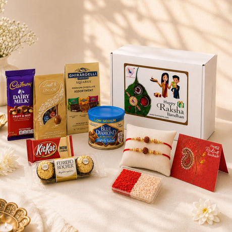 White gift box with happy raksha bandhan text featuring colorful children illustration in traditional rudraksha bead gift hamper