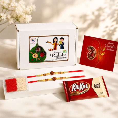 Red and gold traditional handmade rudraksha bead rakhi bracelet with central wooden bead for brother and bhabhi gift hamper