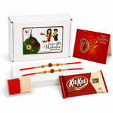 Red and gold traditional handmade rudraksha bead rakhi with intricate beadwork in raksha bandhan gift hamper for brother and bhabhi