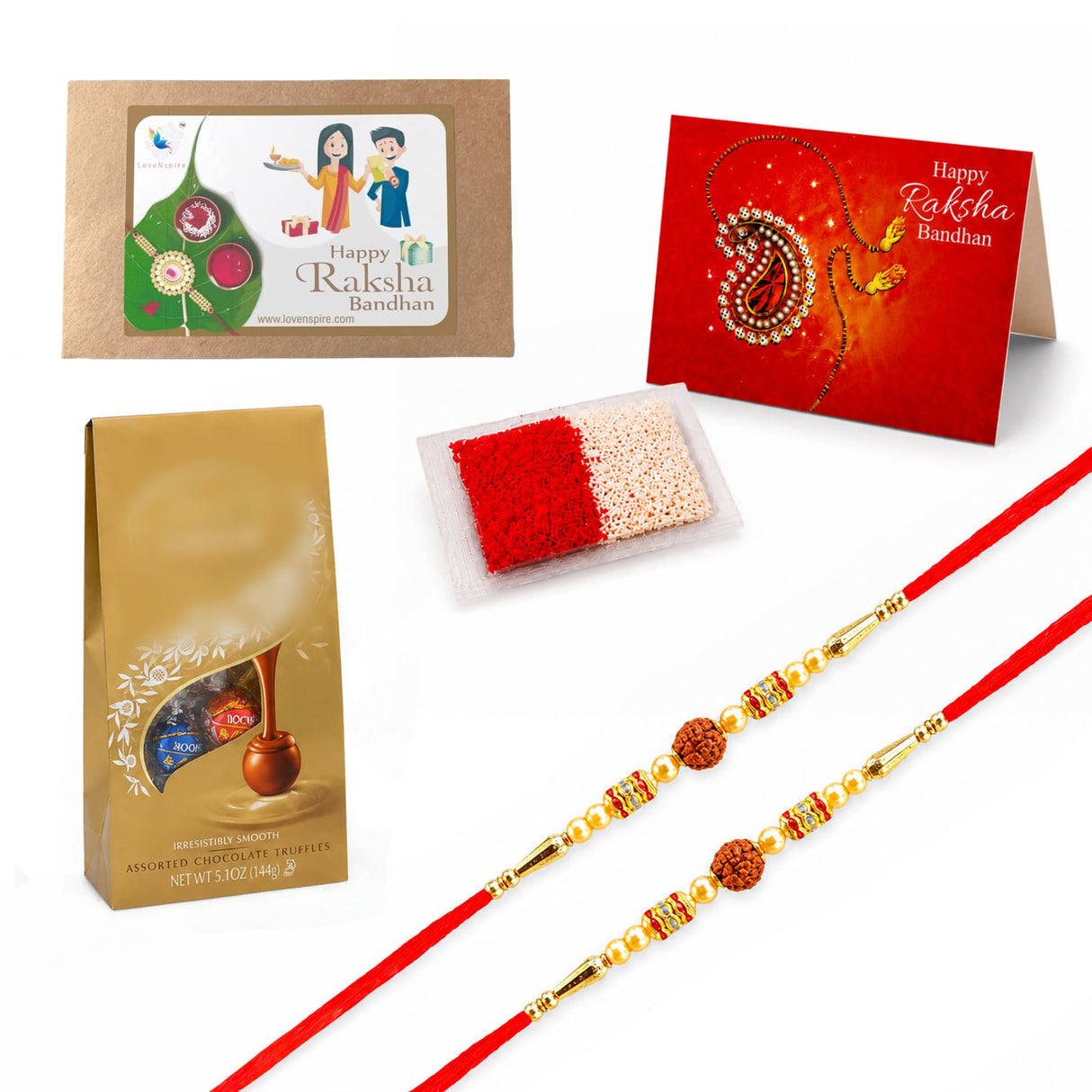 Red and gold rakhi with intricate beadwork and sacred rudraksha bead in traditional handmade raksha bandhan gift hamper
