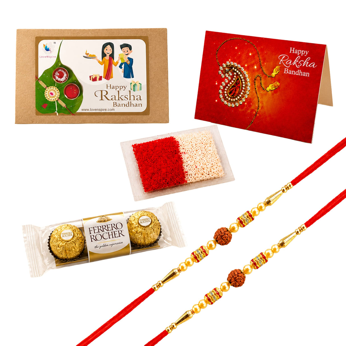 Red and gold handmade rudraksha bead rakhi with intricate beadwork in raksha bandhan gift hamper for brother and bhabhi