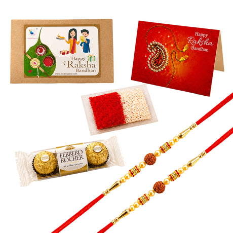 Red and gold handmade rudraksha bead rakhi with intricate beadwork in raksha bandhan gift hamper for brother and bhabhi