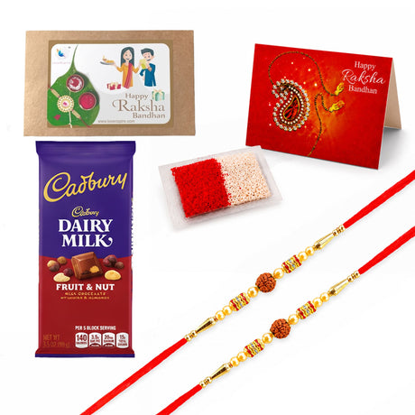 Red and gold traditional handmade rudraksha bead rakhi bracelet with intricate beadwork for raksha bandhan gift hamper