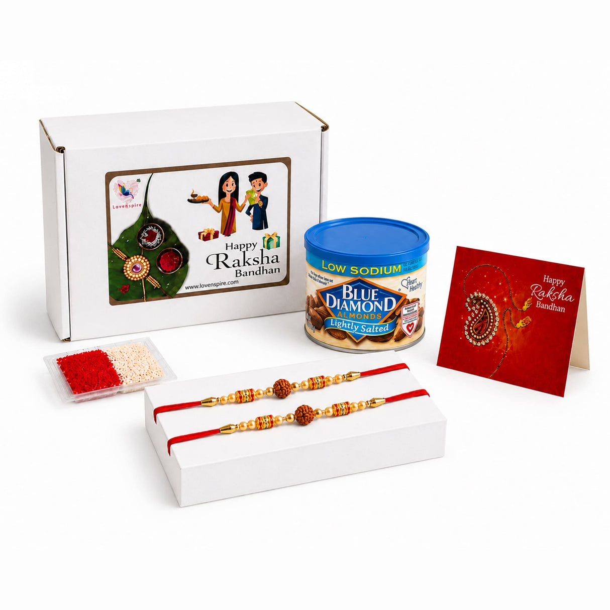 Red and gold traditional handmade rudraksha bead rakhi bracelet with intricate beadwork from raksha bandhan gift hamper