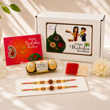 White rectangular Raksha Bandhan gift box with happy Raksha Bandhan print and illustration of two children holding gifts
