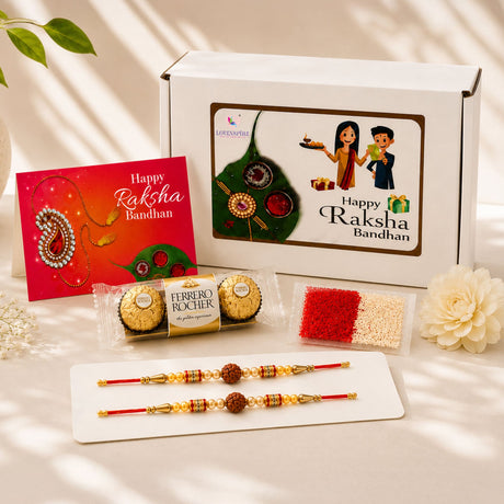 White rectangular Raksha Bandhan gift box with happy Raksha Bandhan print and illustration of two children holding gifts
