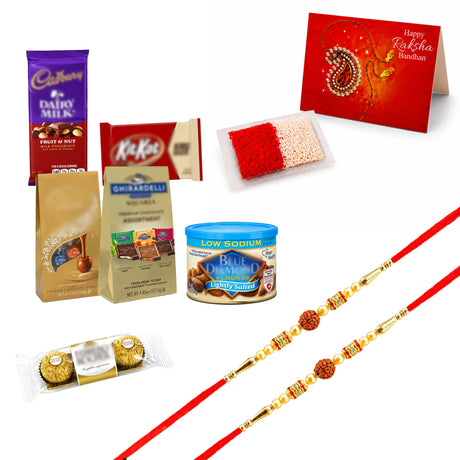 Red and gold traditional handmade rudraksha bead rakhi with intricate beadwork in raksha bandhan gift hamper for brother and bhabhi