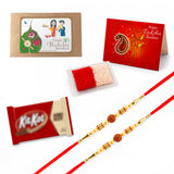 Red and gold rakhi with intricate beadwork and sacred rudraksha bead in traditional handmade raksha bandhan gift hamper
