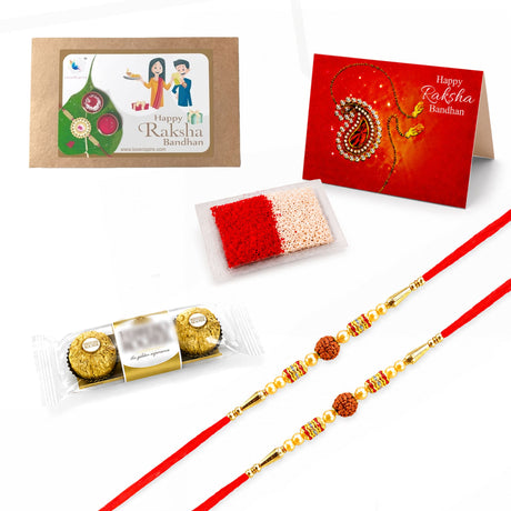 Red and gold rakhi with intricate beadwork and rudraksha bead in traditional handmade raksha bandhan gift hamper for brother and bhabhi