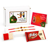 Red and gold traditional handmade rudraksha bead rakhi with intricate beadwork and central wooden disc for raksha bandhan gift hamper