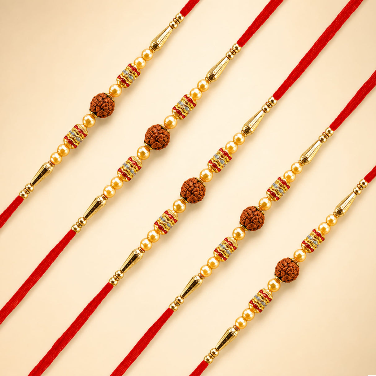 Red thread rudraksha rakhi with golden beads and gold-toned spacers for bhaiya bhabhi raksha bandhan blessings