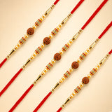 Red thread rudraksha rakhi with golden beads and gold-toned spacers for bhaiya bhabhi raksha bandhan blessings