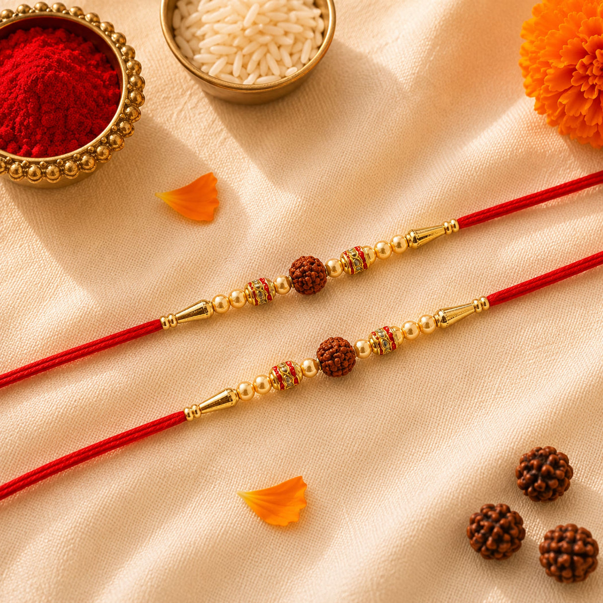 Two red thread rudraksha rakhis with gold toned beads handmade for bhaiya bhabhi raksha bandhan blessings and protection