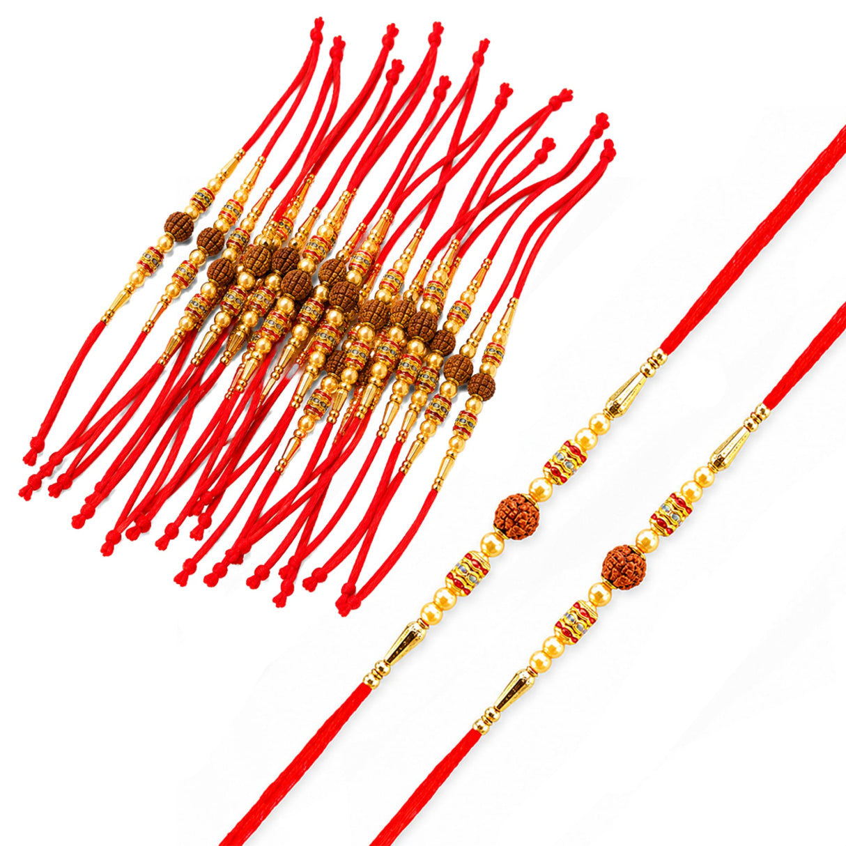 Red thread rudraksha rakhi with golden beads and brown seeds for bhaiya bhabhi protection and positive energy