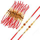 Red thread rudraksha rakhi with golden beads and brown seeds for bhaiya bhabhi protection and positive energy