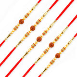 Rudraksha rakhi with red thread golden beads and sacred rudraksha bead for bhaiya bhabhi blessings and protection