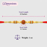 A traditional gold-toned rudraksha rakhi with red and gold beads and vibrant red tassels for raksha bandhan blessings