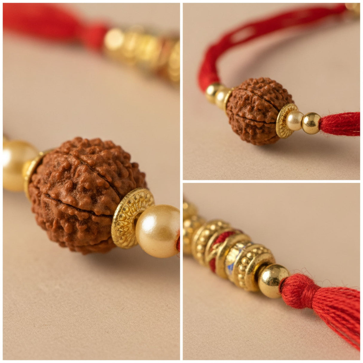 A traditional red and gold rudraksha rakhi bracelet with textured bead and golden pearl accents for raksha bandhan