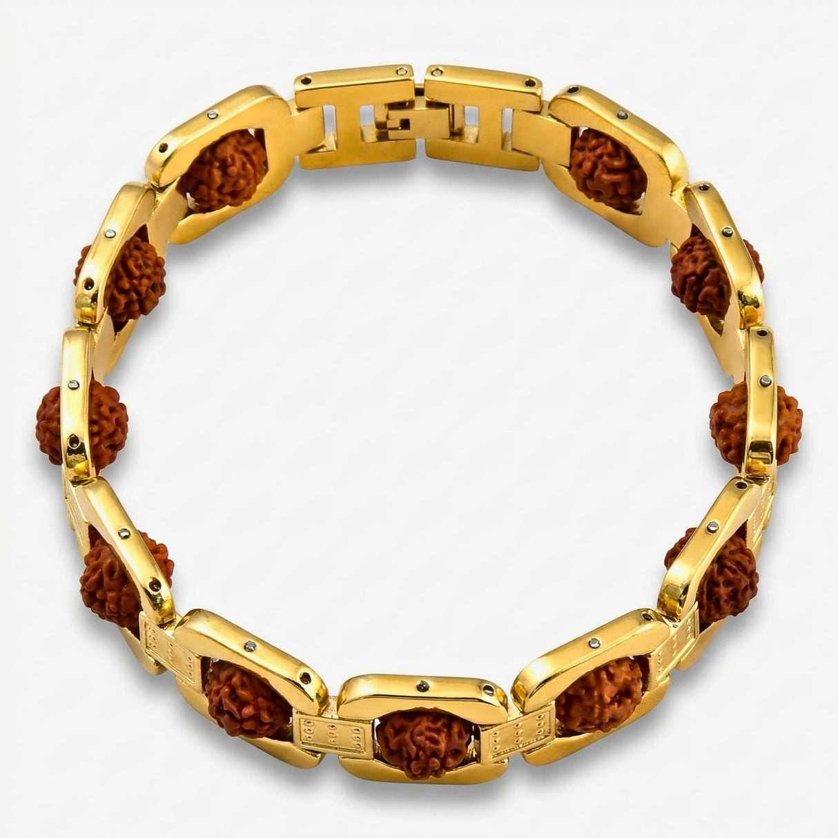 Gold plated rudraksha bracelet for men with polished rectangular links and embedded brown 5-mukhi rudraksha beads