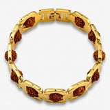Gold plated rudraksha bracelet for men with polished rectangular links and embedded brown 5-mukhi rudraksha beads