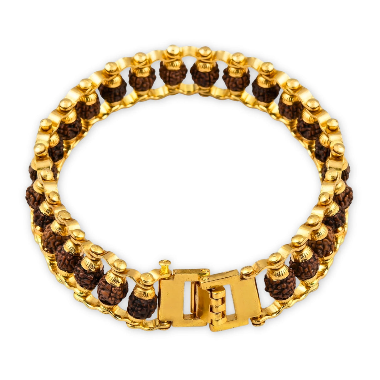 Gold plated rudraksha bracelet for men with dark brown beads and golden stainless steel links for positive energy