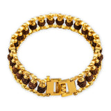 Gold plated rudraksha bracelet for men with dark brown beads and golden stainless steel links for positive energy