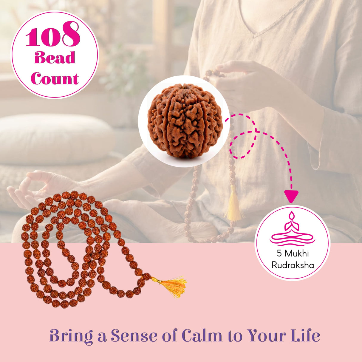 108-bead Panchmukhi Rudraksha Mala with Gomukhi Japa Bag, brown textured beads, golden tassels