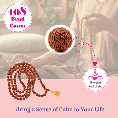 108-bead 5-face Panchmukhi Rudraksha Mala with golden tassel